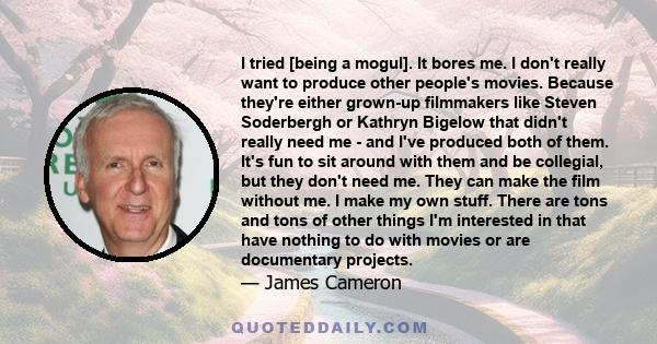 I tried [being a mogul]. It bores me. I don't really want to produce other people's movies. Because they're either grown-up filmmakers like Steven Soderbergh or Kathryn Bigelow that didn't really need me - and I've