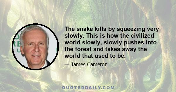 The snake kills by squeezing very slowly. This is how the civilized world slowly, slowly pushes into the forest and takes away the world that used to be.