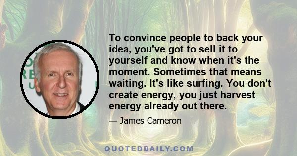 To convince people to back your idea, you've got to sell it to yourself and know when it's the moment. Sometimes that means waiting. It's like surfing. You don't create energy, you just harvest energy already out there.