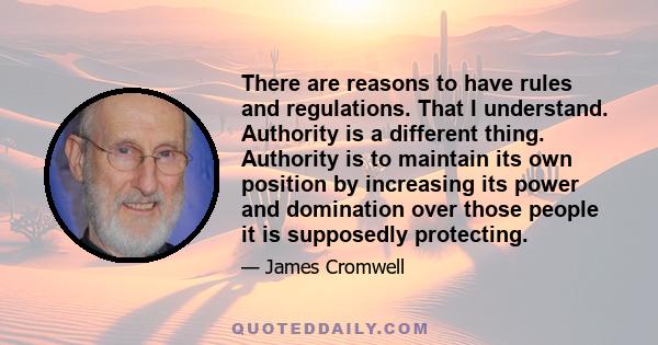 There are reasons to have rules and regulations. That I understand. Authority is a different thing. Authority is to maintain its own position by increasing its power and domination over those people it is supposedly