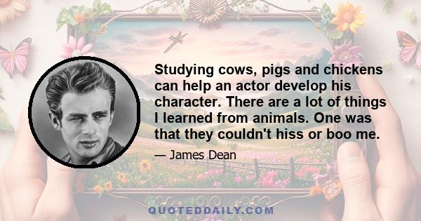 Studying cows, pigs and chickens can help an actor develop his character. There are a lot of things I learned from animals. One was that they couldn't hiss or boo me.