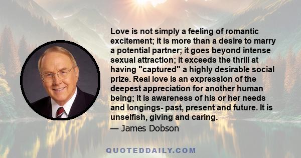 Love is not simply a feeling of romantic excitement; it is more than a desire to marry a potential partner; it goes beyond intense sexual attraction; it exceeds the thrill at having captured a highly desirable social