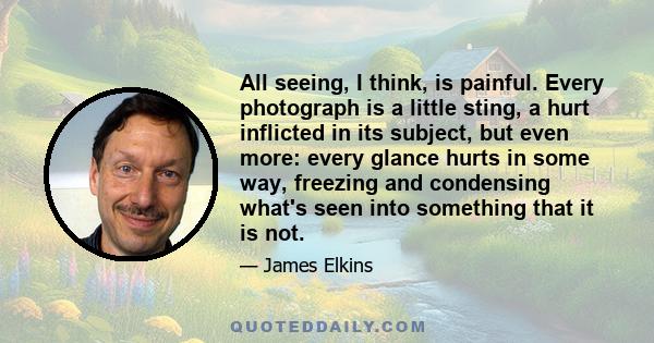 All seeing, I think, is painful. Every photograph is a little sting, a hurt inflicted in its subject, but even more: every glance hurts in some way, freezing and condensing what's seen into something that it is not.