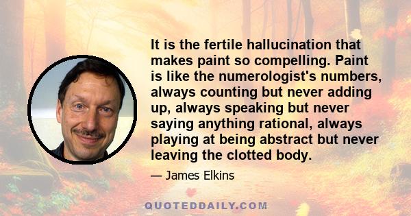 It is the fertile hallucination that makes paint so compelling. Paint is like the numerologist's numbers, always counting but never adding up, always speaking but never saying anything rational, always playing at being