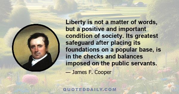 Liberty is not a matter of words, but a positive and important condition of society. Its greatest safeguard after placing its foundations on a popular base, is in the checks and balances imposed on the public servants.