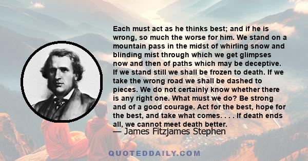 Each must act as he thinks best; and if he is wrong, so much the worse for him. We stand on a mountain pass in the midst of whirling snow and blinding mist through which we get glimpses now and then of paths which may