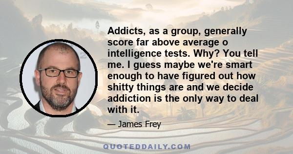 Addicts, as a group, generally score far above average o intelligence tests. Why? You tell me. I guess maybe we're smart enough to have figured out how shitty things are and we decide addiction is the only way to deal