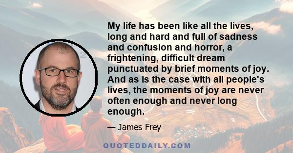 My life has been like all the lives, long and hard and full of sadness and confusion and horror, a frightening, difficult dream punctuated by brief moments of joy. And as is the case with all people's lives, the moments 