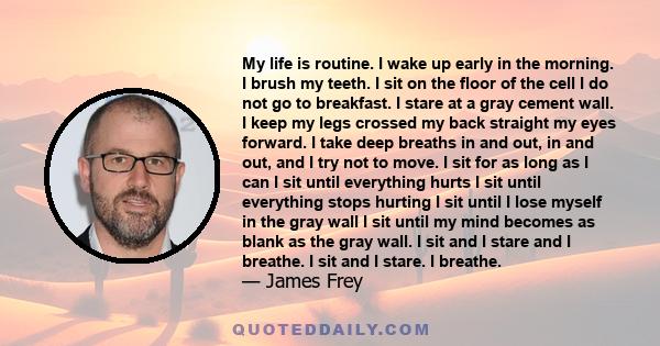 My life is routine. I wake up early in the morning. I brush my teeth. I sit on the floor of the cell I do not go to breakfast. I stare at a gray cement wall. I keep my legs crossed my back straight my eyes forward. I