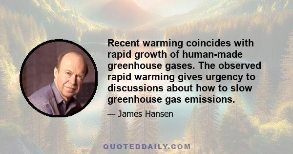 Recent warming coincides with rapid growth of human-made greenhouse gases. The observed rapid warming gives urgency to discussions about how to slow greenhouse gas emissions.