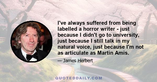 I've always suffered from being labelled a horror writer - just because I didn't go to university, just because I still talk in my natural voice, just because I'm not as articulate as Martin Amis.