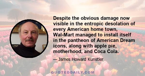 Despite the obvious damage now visible in the entropic desolation of every American home town, Wal-Mart managed to install itself in the pantheon of American Dream icons, along with apple pie, motherhood, and Coca Cola.