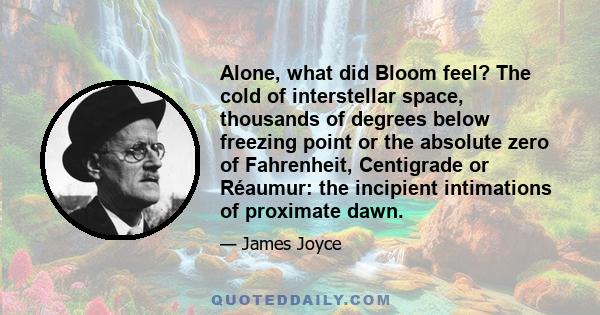 Alone, what did Bloom feel? The cold of interstellar space, thousands of degrees below freezing point or the absolute zero of Fahrenheit, Centigrade or Réaumur: the incipient intimations of proximate dawn.