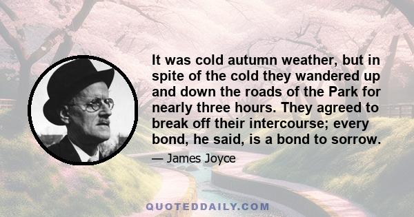 It was cold autumn weather, but in spite of the cold they wandered up and down the roads of the Park for nearly three hours. They agreed to break off their intercourse; every bond, he said, is a bond to sorrow.