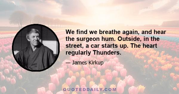 We find we breathe again, and hear the surgeon hum. Outside, in the street, a car starts up. The heart regularly Thunders.