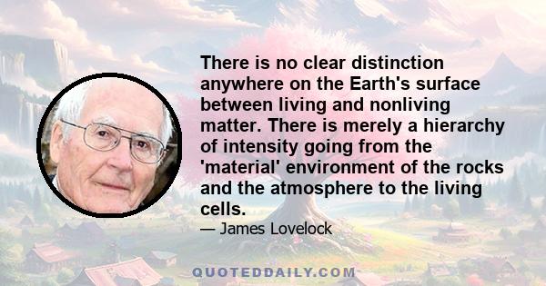 There is no clear distinction anywhere on the Earth's surface between living and nonliving matter. There is merely a hierarchy of intensity going from the 'material' environment of the rocks and the atmosphere to the