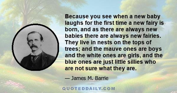 Because you see when a new baby laughs for the first time a new fairy is born, and as there are always new babies there are always new fairies. They live in nests on the tops of trees; and the mauve ones are boys and