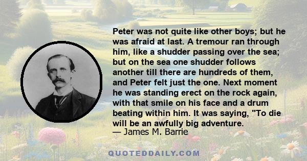 Peter was not quite like other boys; but he was afraid at last. A tremour ran through him, like a shudder passing over the sea; but on the sea one shudder follows another till there are hundreds of them, and Peter felt