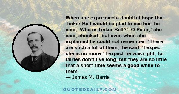 When she expressed a doubtful hope that Tinker Bell would be glad to see her, he said, ‘Who is Tinker Bell?’ ‘O Peter,’ she said, shocked; but even when she explained he could not remember. ‘There are such a lot of