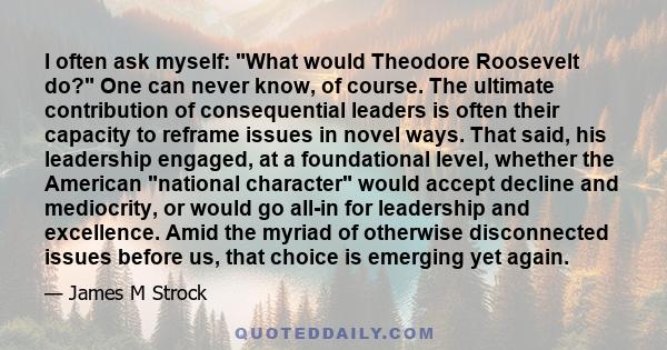 I often ask myself: What would Theodore Roosevelt do? One can never know, of course. The ultimate contribution of consequential leaders is often their capacity to reframe issues in novel ways. That said, his leadership