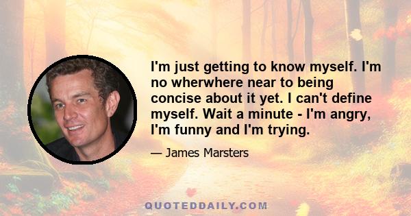 I'm just getting to know myself. I'm no wherwhere near to being concise about it yet. I can't define myself. Wait a minute - I'm angry, I'm funny and I'm trying.