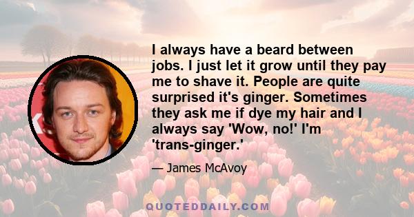 I always have a beard between jobs. I just let it grow until they pay me to shave it. People are quite surprised it's ginger. Sometimes they ask me if dye my hair and I always say 'Wow, no!' I'm 'trans-ginger.'