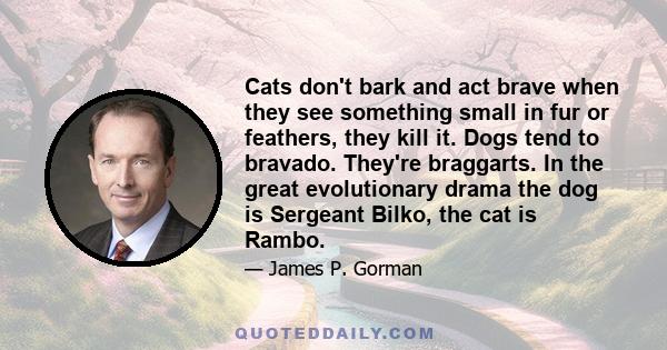 Cats don't bark and act brave when they see something small in fur or feathers, they kill it. Dogs tend to bravado. They're braggarts. In the great evolutionary drama the dog is Sergeant Bilko, the cat is Rambo.