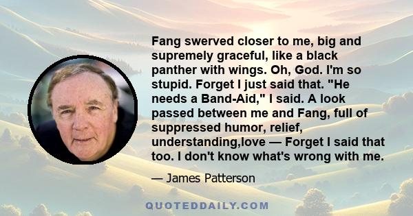 Fang swerved closer to me, big and supremely graceful, like a black panther with wings. Oh, God. I'm so stupid. Forget I just said that. He needs a Band-Aid, I said. A look passed between me and Fang, full of suppressed 