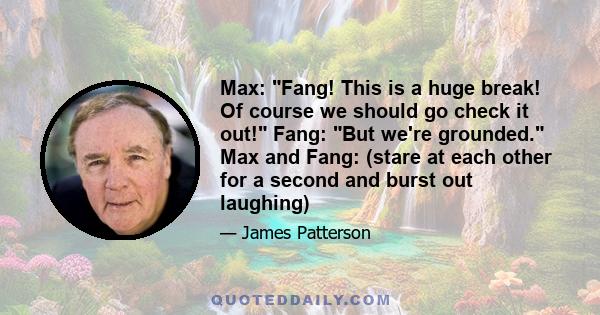 Max: Fang! This is a huge break! Of course we should go check it out! Fang: But we're grounded. Max and Fang: (stare at each other for a second and burst out laughing)