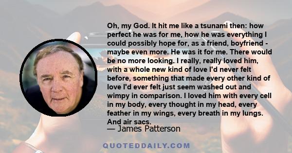 Oh, my God. It hit me like a tsunami then: how perfect he was for me, how he was everything I could possibly hope for, as a friend, boyfriend - maybe even more. He was it for me. There would be no more looking. I