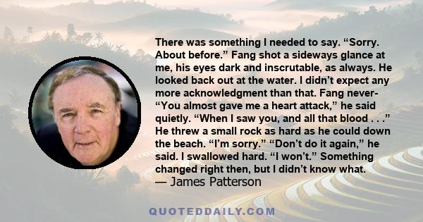 There was something I needed to say. “Sorry. About before.” Fang shot a sideways glance at me, his eyes dark and inscrutable, as always. He looked back out at the water. I didn’t expect any more acknowledgment than