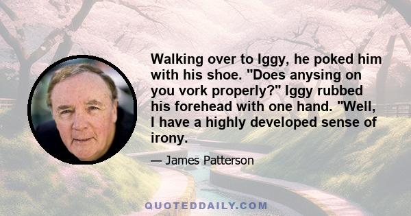 Walking over to Iggy, he poked him with his shoe. Does anysing on you vork properly? Iggy rubbed his forehead with one hand. Well, I have a highly developed sense of irony.