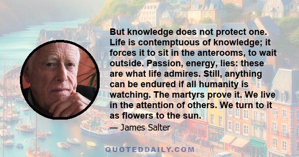 But knowledge does not protect one. Life is contemptuous of knowledge; it forces it to sit in the anterooms, to wait outside. Passion, energy, lies: these are what life admires. Still, anything can be endured if all