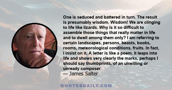 One is seduced and battered in turn. The result is presumably wisdom. Wisdom! We are clinging to life like lizards. Why is it so difficult to assemble those things that really matter in life and to dwell among them