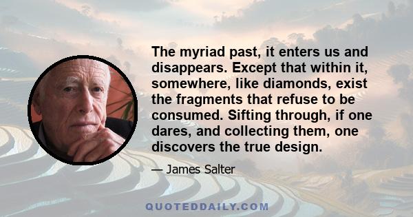 The myriad past, it enters us and disappears. Except that within it, somewhere, like diamonds, exist the fragments that refuse to be consumed. Sifting through, if one dares, and collecting them, one discovers the true