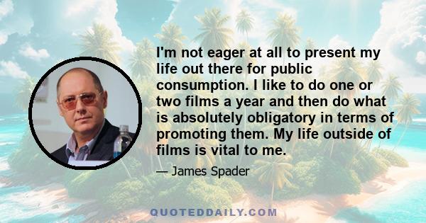 I'm not eager at all to present my life out there for public consumption. I like to do one or two films a year and then do what is absolutely obligatory in terms of promoting them. My life outside of films is vital to