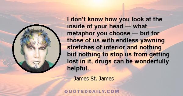 I don’t know how you look at the inside of your head — what metaphor you choose — but for those of us with endless yawning stretches of interior and nothing but nothing to stop us from getting lost in it, drugs can be