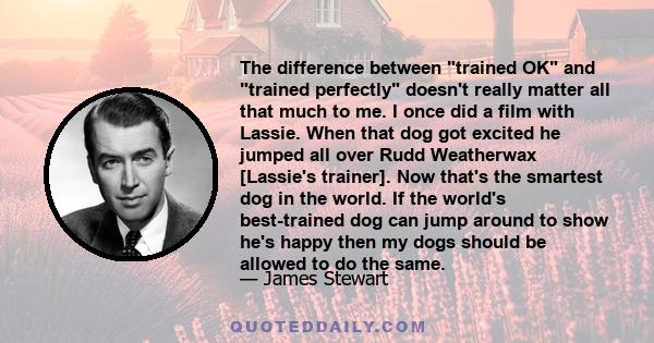 The difference between trained OK and trained perfectly doesn't really matter all that much to me. I once did a film with Lassie. When that dog got excited he jumped all over Rudd Weatherwax [Lassie's trainer]. Now