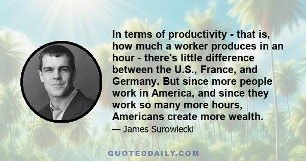 In terms of productivity - that is, how much a worker produces in an hour - there's little difference between the U.S., France, and Germany. But since more people work in America, and since they work so many more hours, 