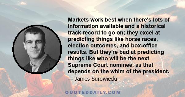 Markets work best when there's lots of information available and a historical track record to go on; they excel at predicting things like horse races, election outcomes, and box-office results. But they're bad at