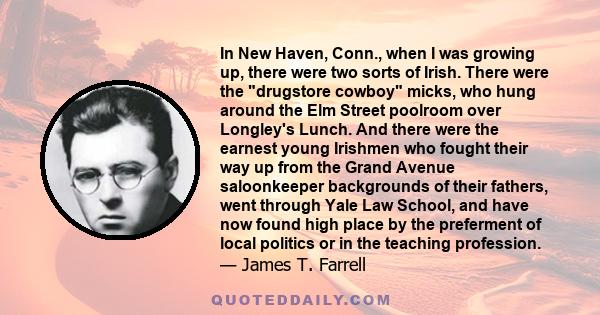 In New Haven, Conn., when I was growing up, there were two sorts of Irish. There were the drugstore cowboy micks, who hung around the Elm Street poolroom over Longley's Lunch. And there were the earnest young Irishmen