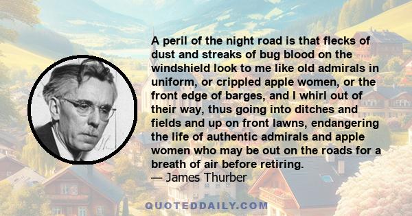 A peril of the night road is that flecks of dust and streaks of bug blood on the windshield look to me like old admirals in uniform, or crippled apple women, or the front edge of barges, and I whirl out of their way,