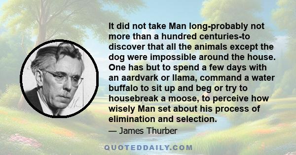 It did not take Man long-probably not more than a hundred centuries-to discover that all the animals except the dog were impossible around the house. One has but to spend a few days with an aardvark or llama, command a