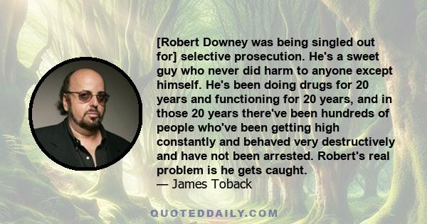 [Robert Downey was being singled out for] selective prosecution. He's a sweet guy who never did harm to anyone except himself. He's been doing drugs for 20 years and functioning for 20 years, and in those 20 years