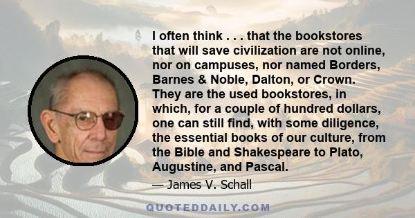 I often think . . . that the bookstores that will save civilization are not online, nor on campuses, nor named Borders, Barnes & Noble, Dalton, or Crown. They are the used bookstores, in which, for a couple of hundred