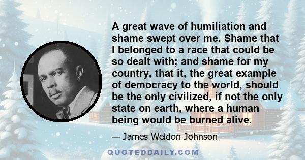 A great wave of humiliation and shame swept over me. Shame that I belonged to a race that could be so dealt with; and shame for my country, that it, the great example of democracy to the world, should be the only