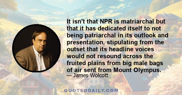 It isn't that NPR is matriarchal but that it has dedicated itself to not being patriarchal in its outlook and presentation, stipulating from the outset that its headline voices would not resound across the fruited