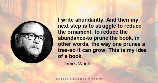 I write abundantly. And then my next step is to struggle to reduce the ornament, to reduce the abundance-to prune the book, in other words, the way one prunes a tree-so it can grow. This is my idea of a book.