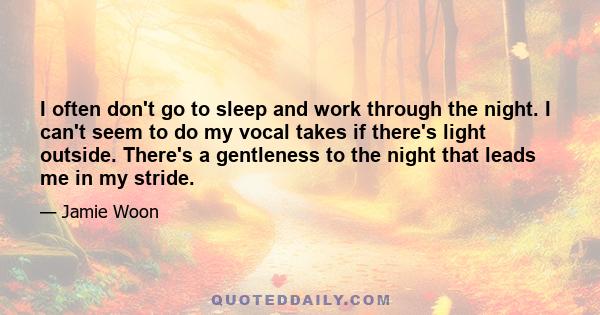 I often don't go to sleep and work through the night. I can't seem to do my vocal takes if there's light outside. There's a gentleness to the night that leads me in my stride.