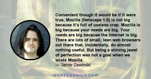 Convenient though it would be if it were true, Mozilla [Netscape 1.0] is not big because it's full of useless crap. Mozilla is big because your needs are big. Your needs are big because the Internet is big. There are